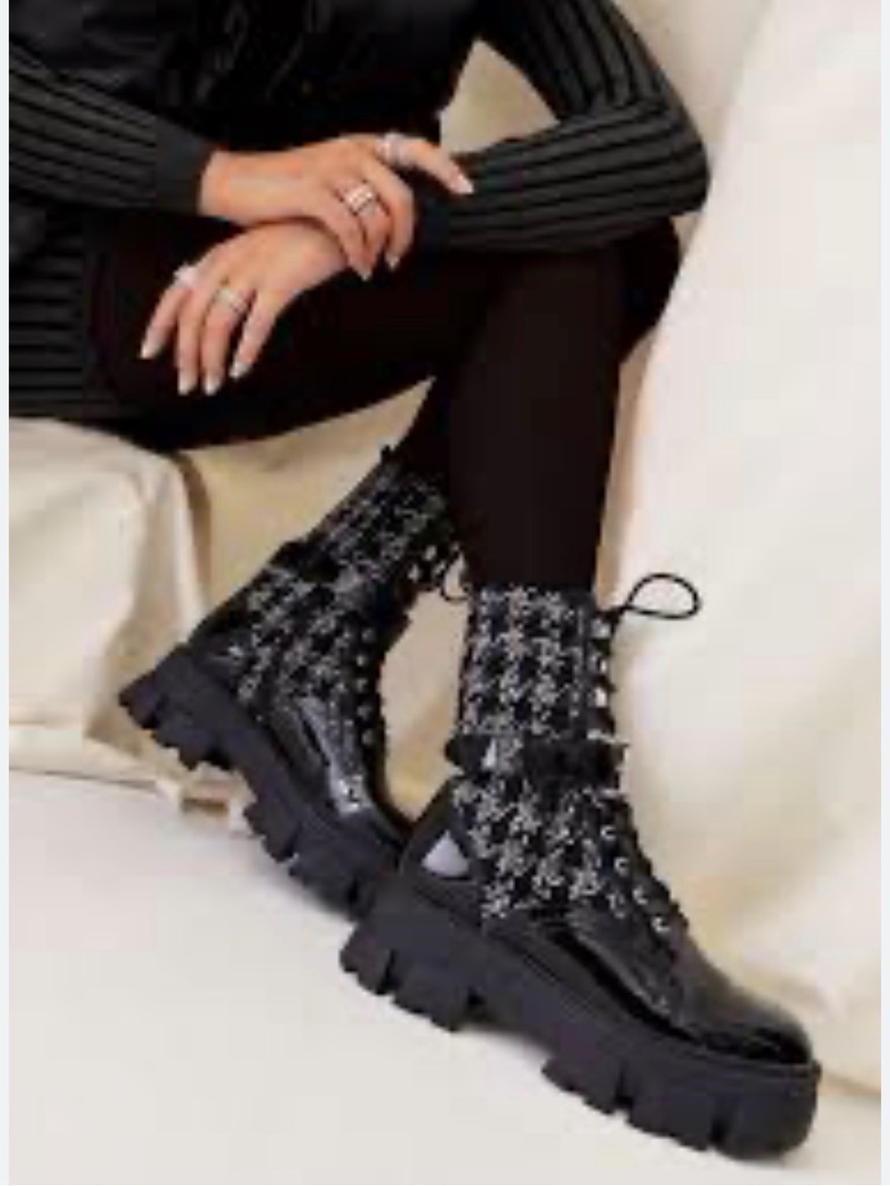 Aldo Grandleap Black Tweed & Patent Combat Boots - Women's Lace-Up Platform